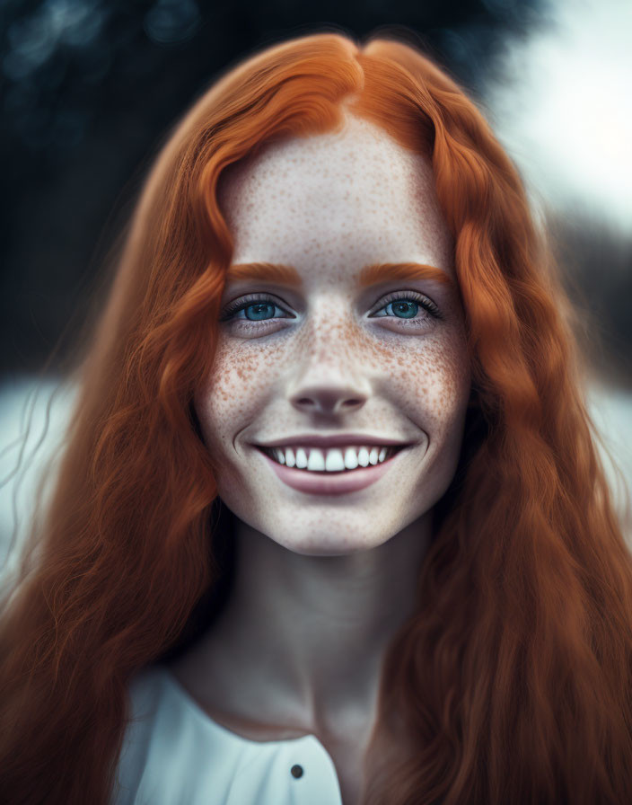 Red-haired woman with freckles and blue eyes in natural setting