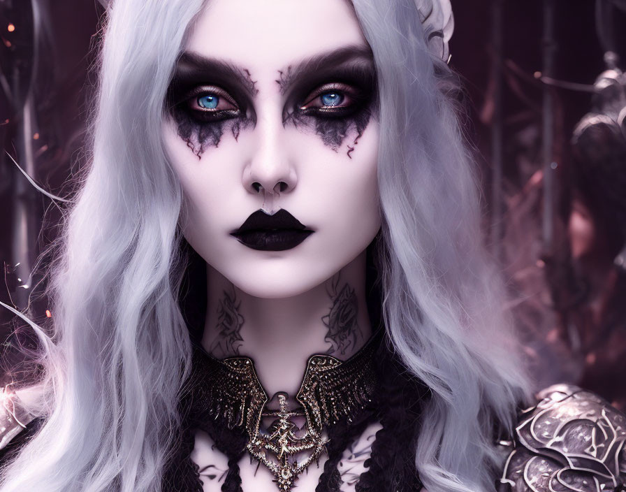 Pale-skinned person with white hair in intricate gothic makeup style featuring dark lipstick, black eye design