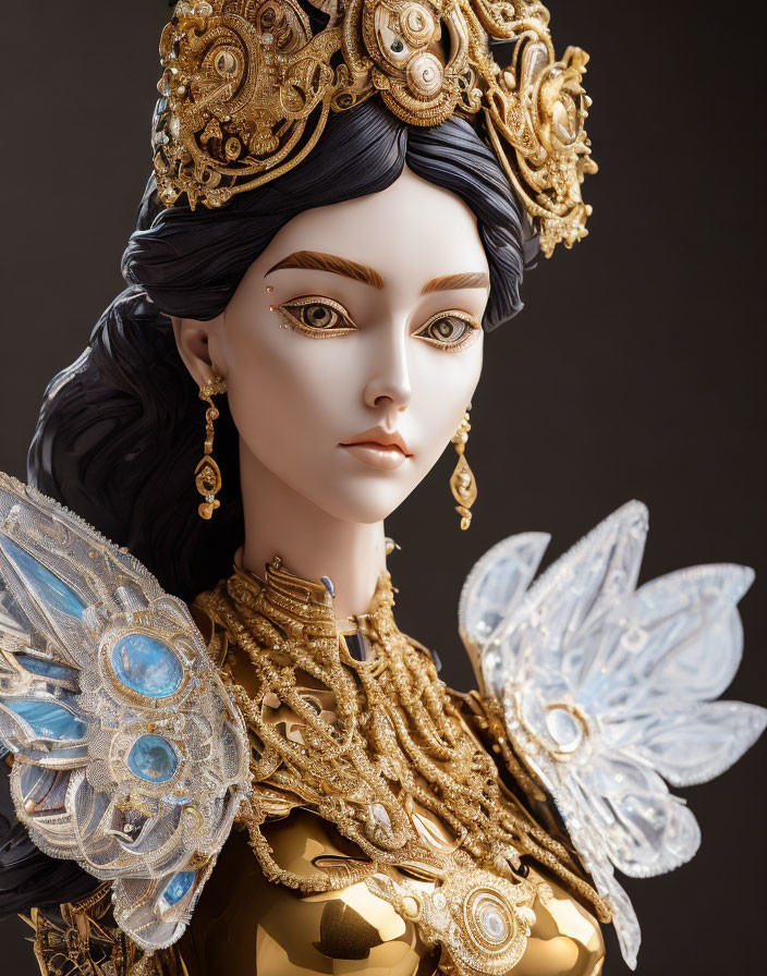 Detailed 3D rendering of female figure with ornate gold headgear, intricate jewelry, decorative shoulder