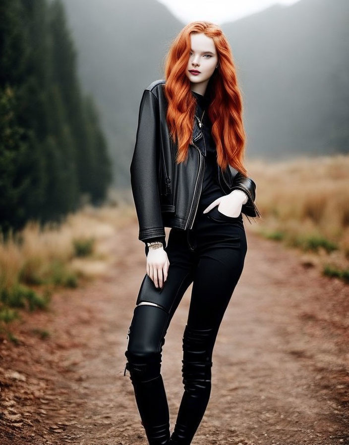 Red-haired woman in black leather jacket and pants on forest path with misty mountains.