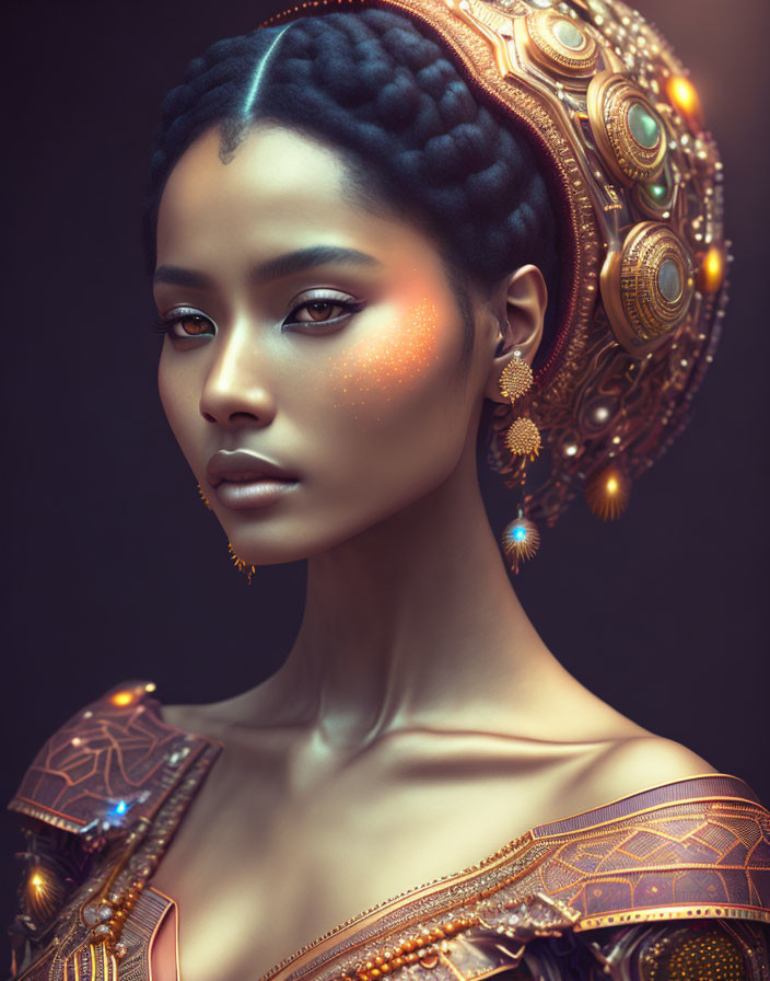 Intricate braided hair and ornate headdress on woman with glowing accents and detailed armor attire