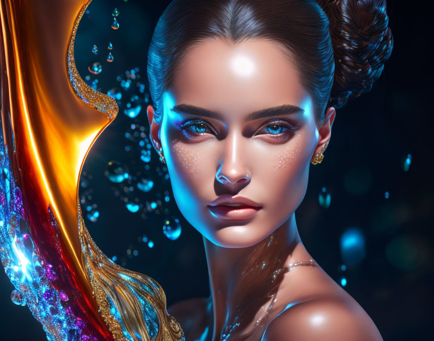 Digital portrait of woman with glowing skin and water droplets, golden liquid splash