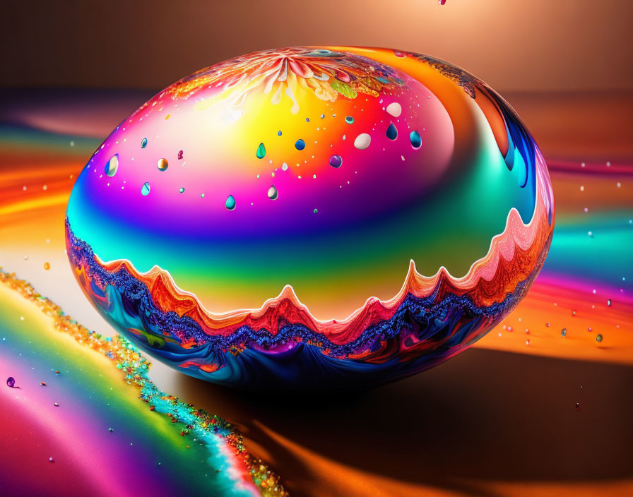 Iridescent droplet with intricate patterns on warm background