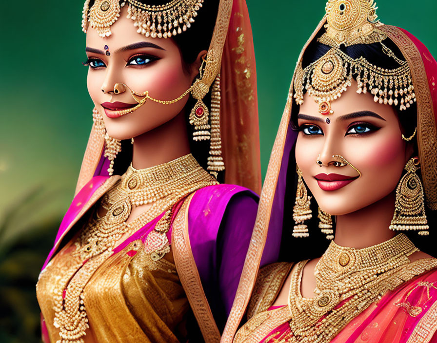 Traditional Indian bridal attire with elaborate jewelry and vibrant sarees