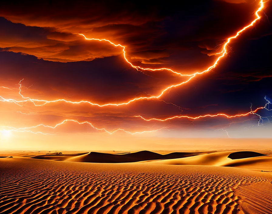 Dramatic sky with vivid lightning over sand dunes at dusk