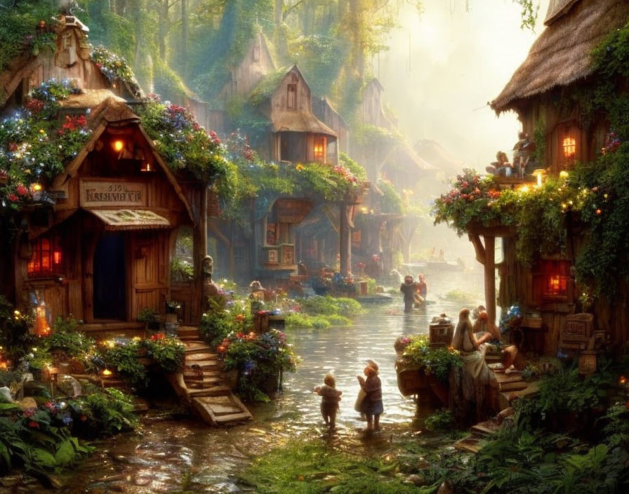 Serene riverside village with thatched cottages and villagers in sunlit forest