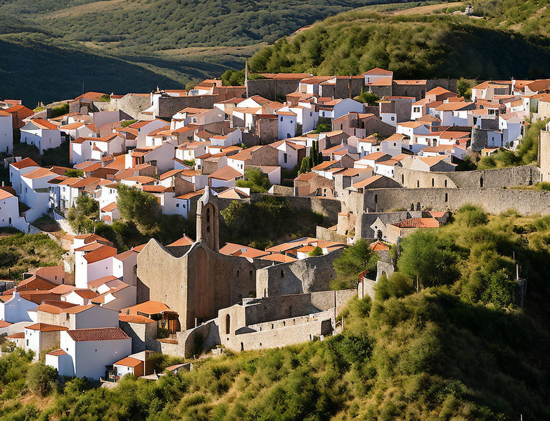 White houses, terracotta roofs in hillside village with old church