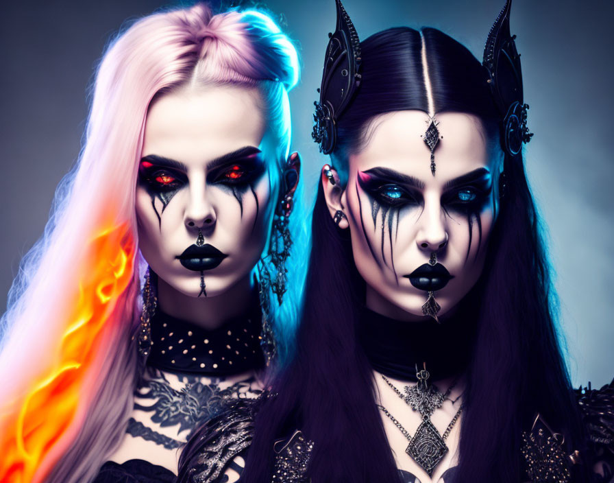 Two individuals in gothic makeup and dark attire with horned headpieces, one with fiery orange hair