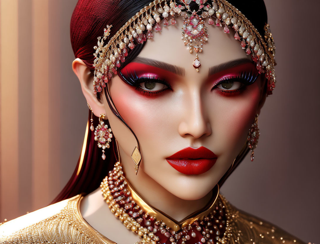 Portrait of Woman with Gold and Pearl Jewelry and Red Makeup