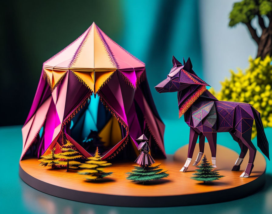 Geometric paper craft tent with dog figure and trees on teal backdrop