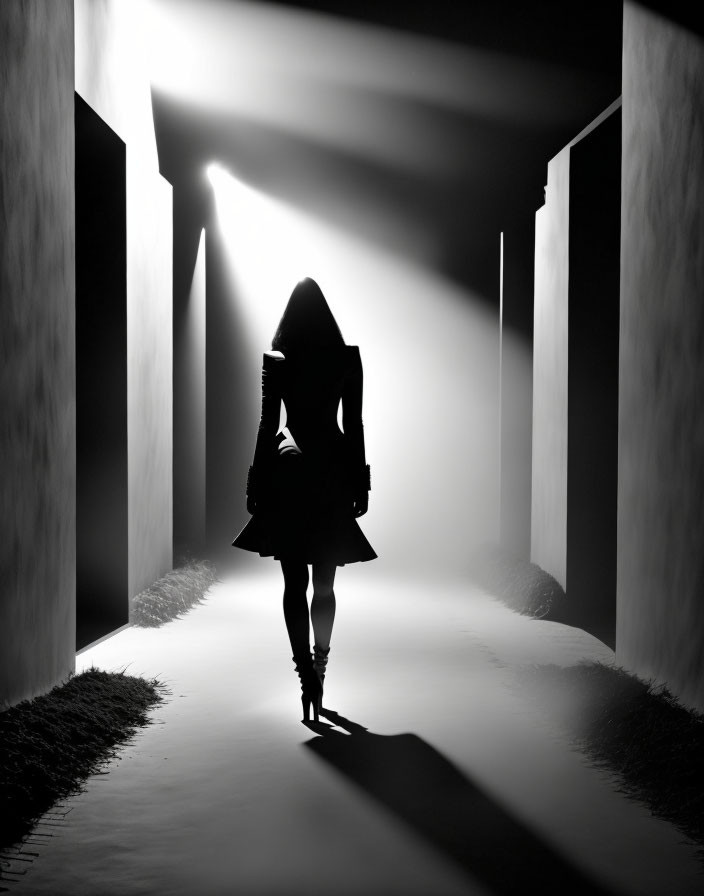 Silhouetted woman walking towards bright light in dark alleyway