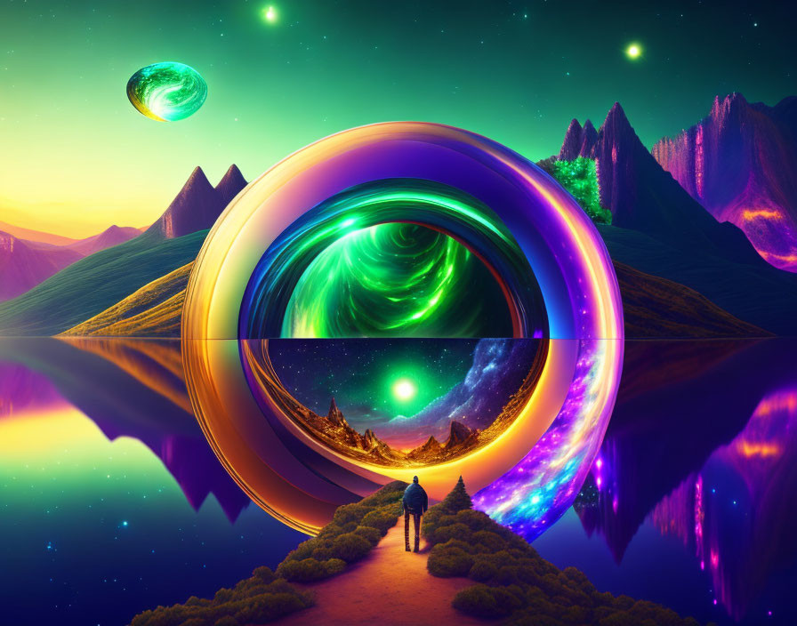 Colorful Portal Overlooking Surreal Landscape with Mountains and Planets