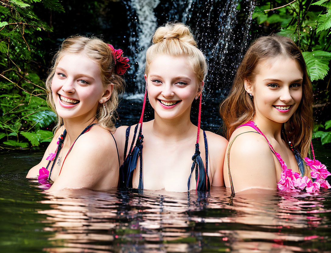 Three women with flowers in hair by waterfall in water