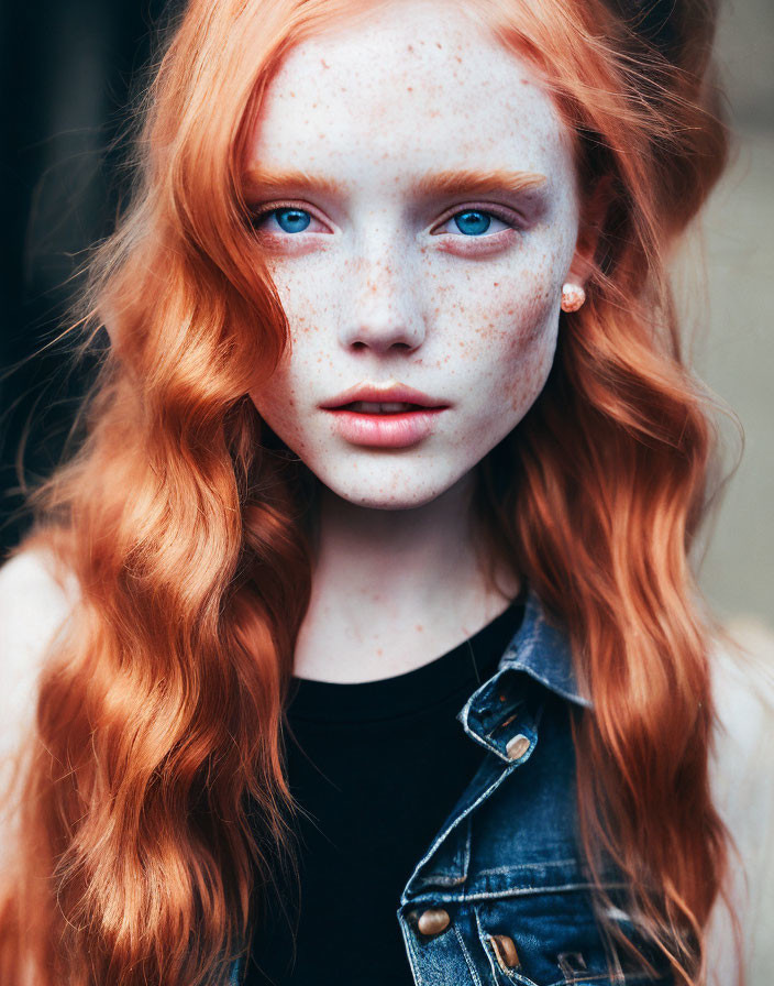 Portrait of a person with long red hair, freckles, blue eyes, black top with denim