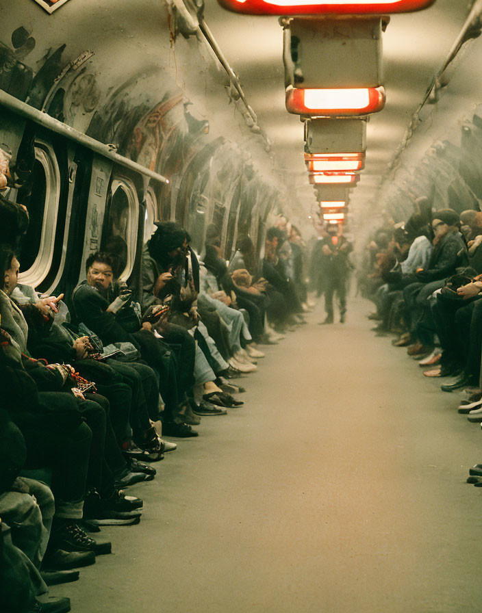 Vintage subway car with passengers under warm lighting