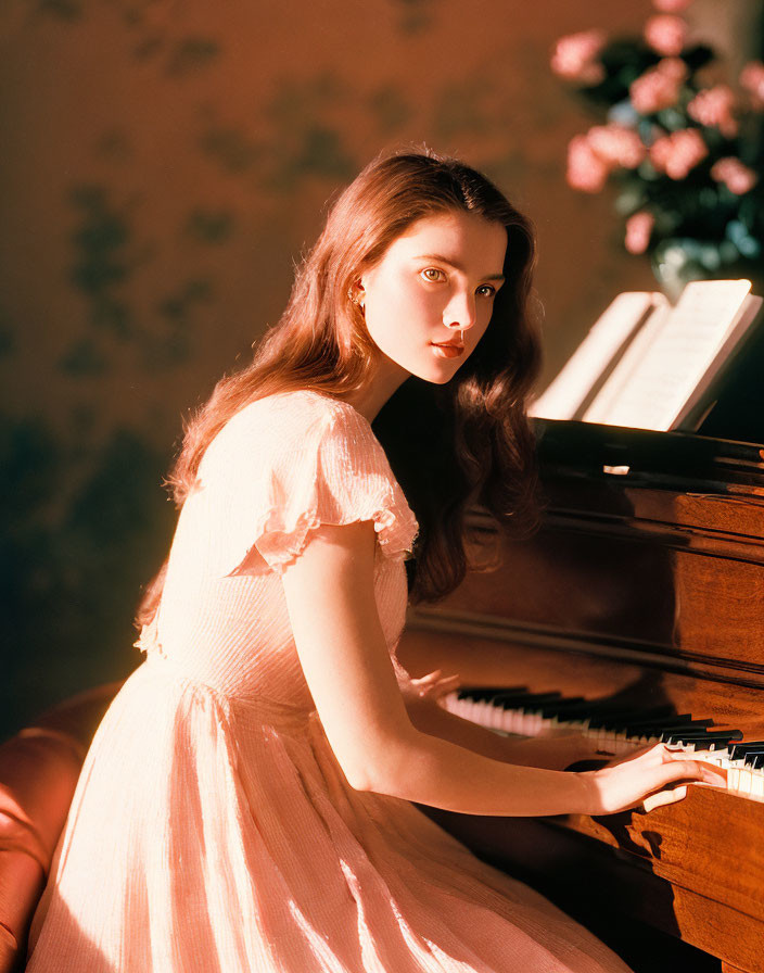 Woman playing piano in pink dress under warm sunlight