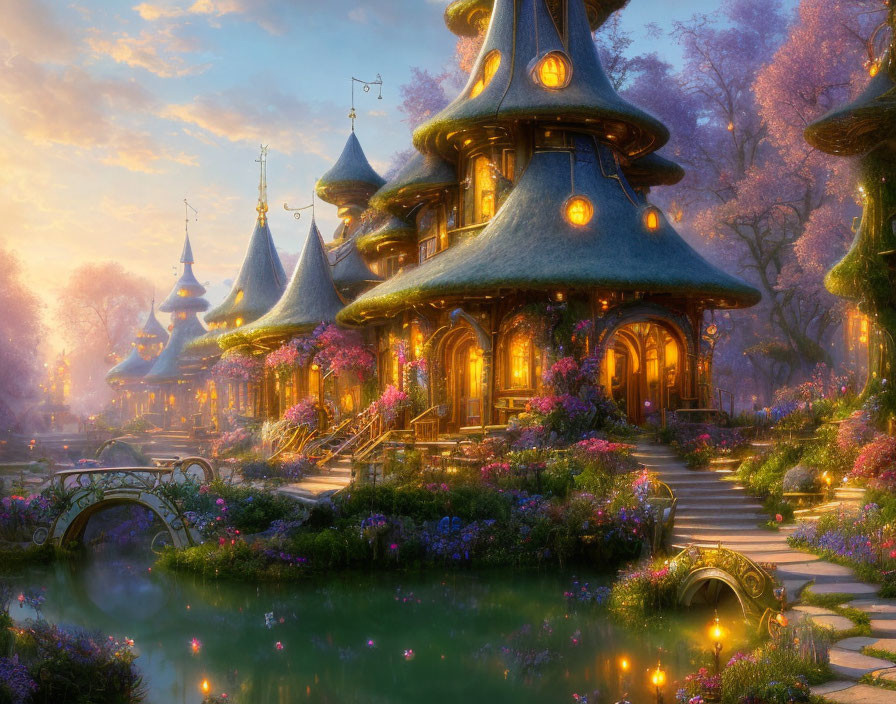 Magical garden with glowing fairy tale cottages at twilight