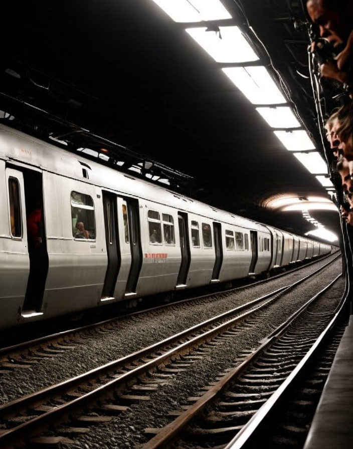 Passengers wait at dimly lit subway station