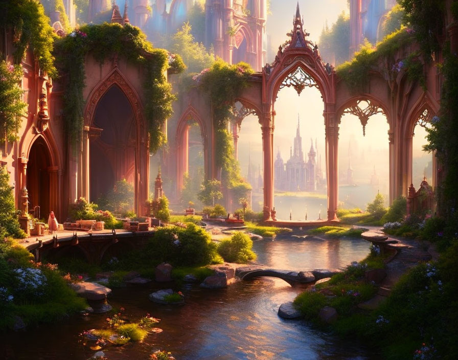 Majestic gothic structures in lush fantasy landscape