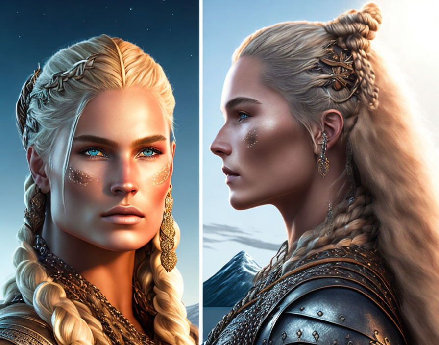 Fantasy female warrior portraits with braided blond hair and blue eyes.