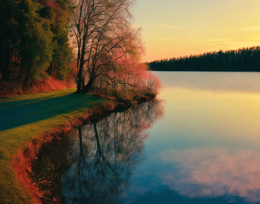 Tranquil sunset scene with reflecting trees on a lake