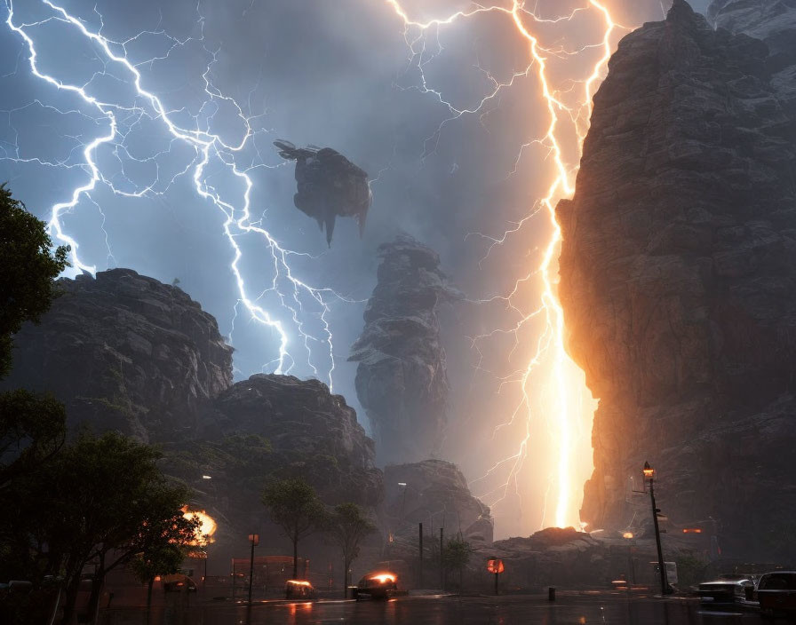 Intense lightning strikes near rock formations in dramatic night scene