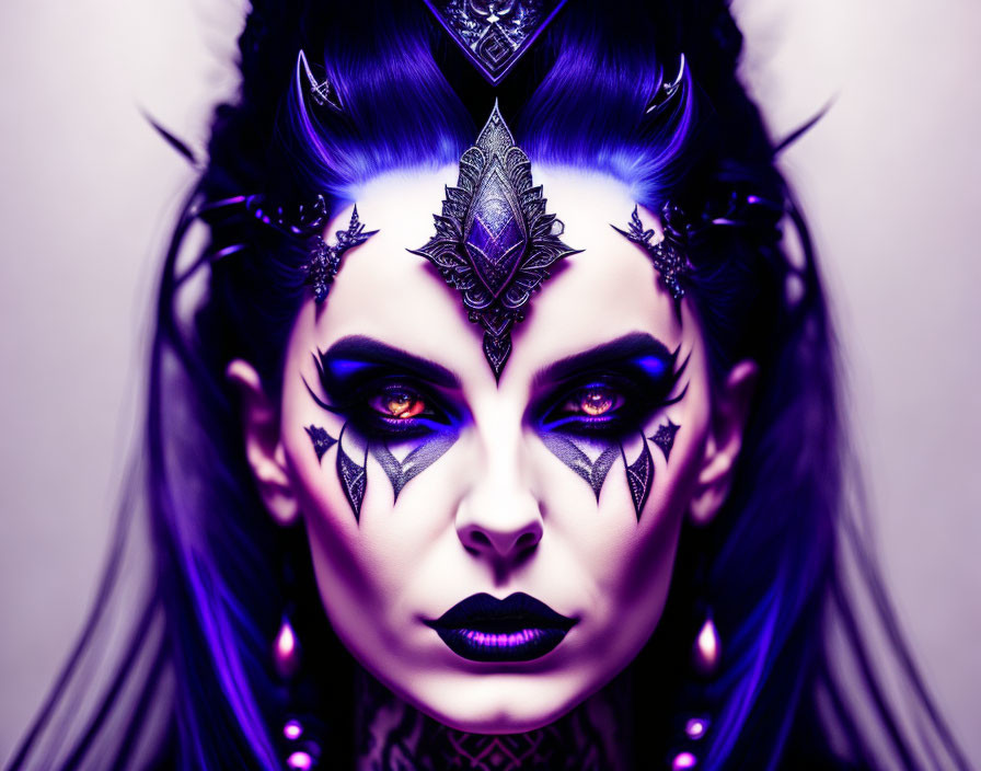 Person with Purple-Tinted Hair and Gothic Makeup with Geometric Designs