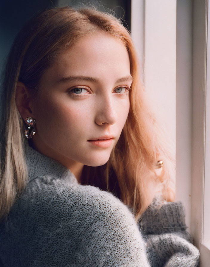 Blonde Woman in Grey Sweater by Window