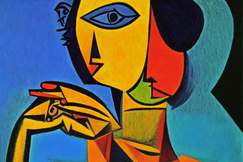 Colorful abstract painting featuring distorted female figure and geometric shapes on blue background
