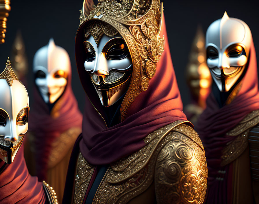 Figures in Golden Masks and Red Cloaks: Mysterious Elegance