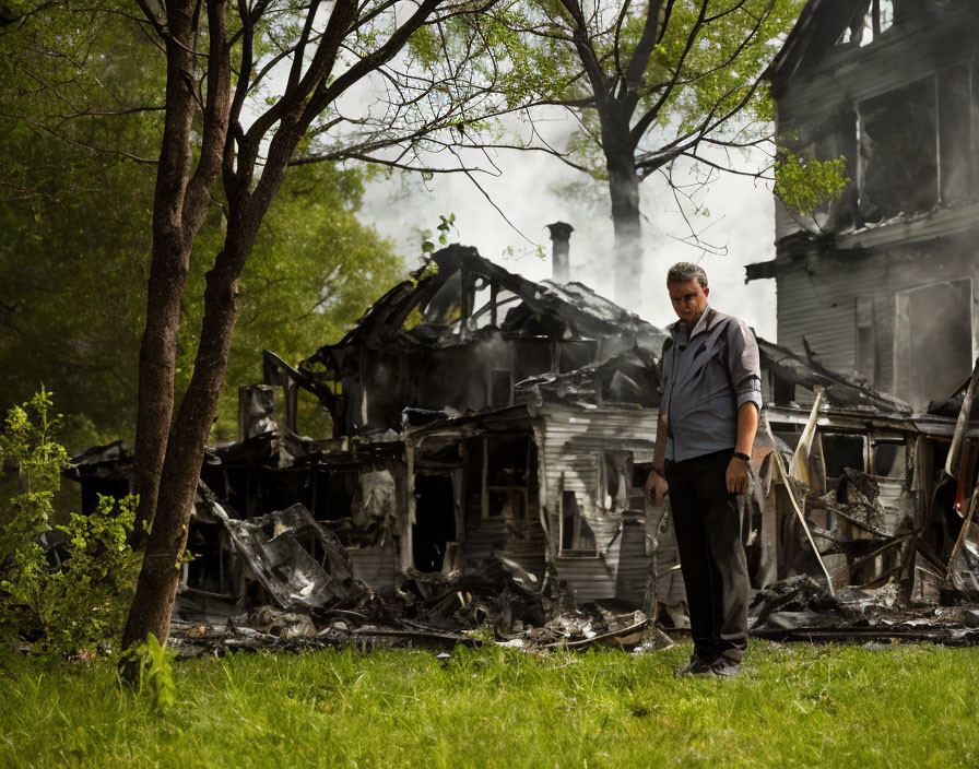 Charred House Remains with Person Standing Among Green Trees