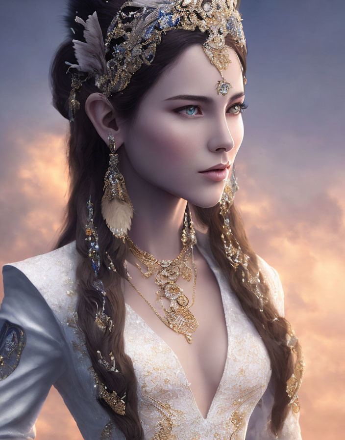 Elaborately decorated woman in gold tiara and twilight setting