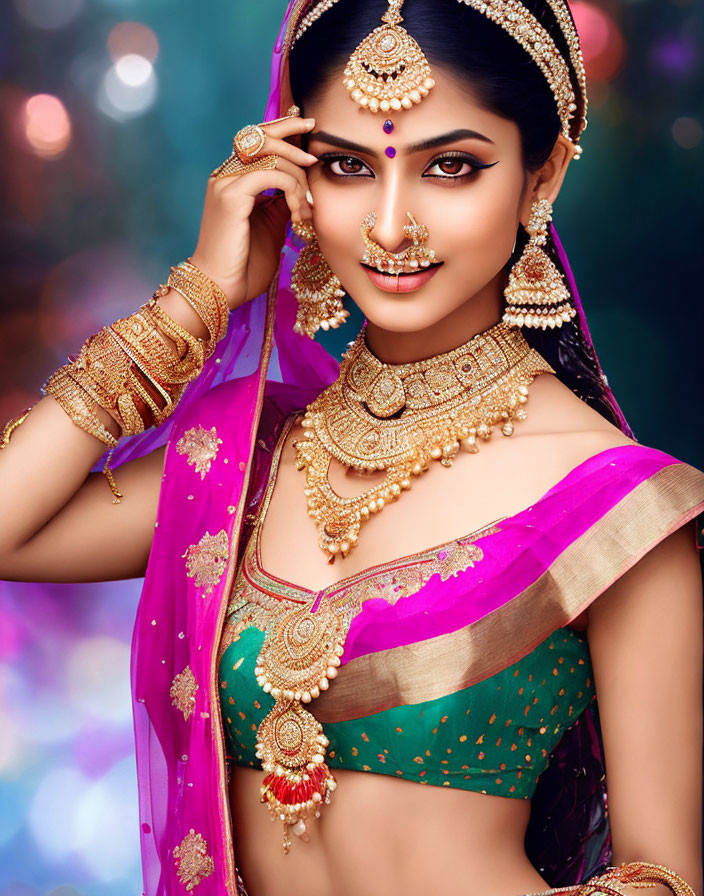 Elaborate Traditional Indian Bridal Attire with Gold Jewelry