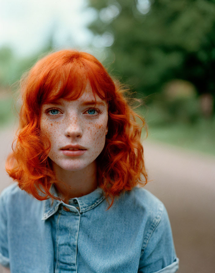 Red-haired person in denim shirt gazes at camera with lush greenery.