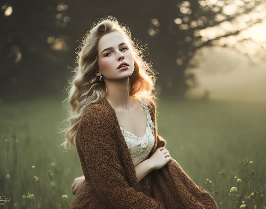 Blond Woman in Brown Cardigan and White Dress Sitting in Sunlit Field