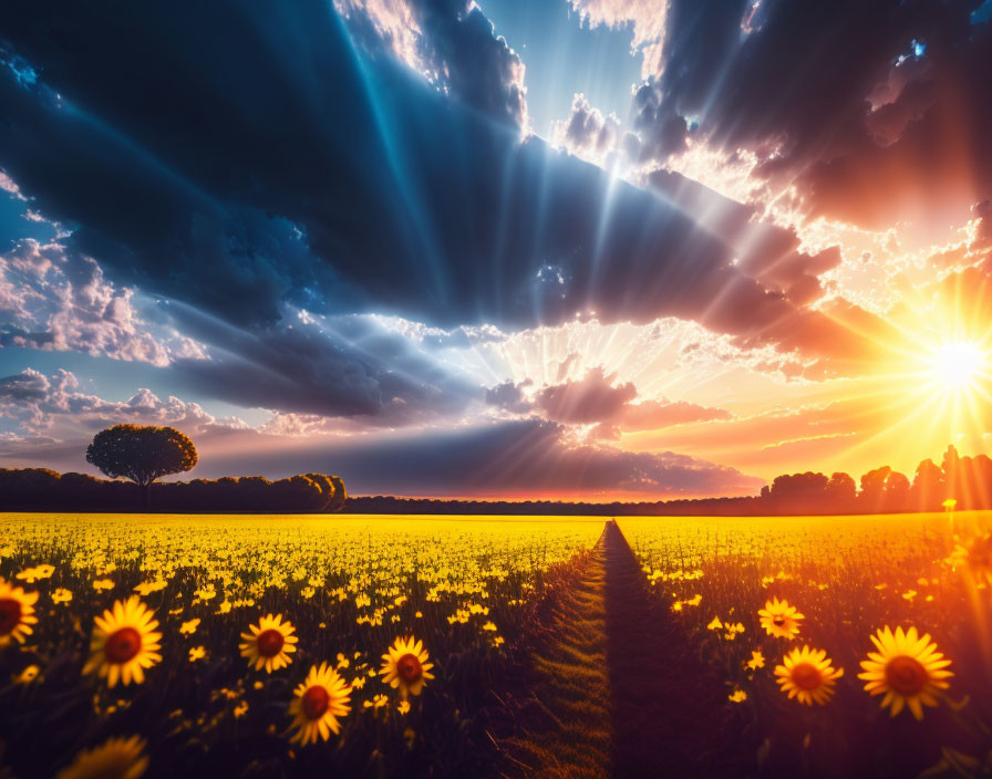 Colorful sunset with sunbeams over sunflower field and lone tree.