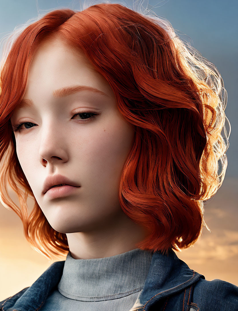 Vibrant red hair in wavy bob with denim collar, fair skin portrait