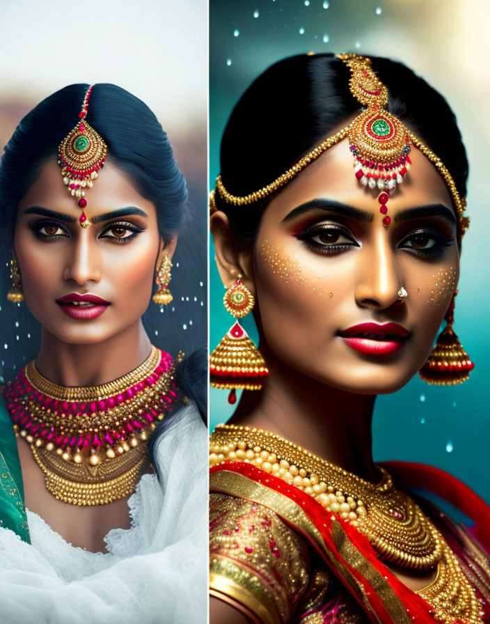 Traditional Indian Jewelry on Elegantly Adorned Woman in Gold and Red Saree