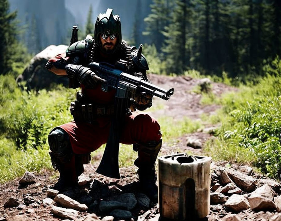 Person in tactical costume with helmet and faux beard holding prop gun in wooded area.