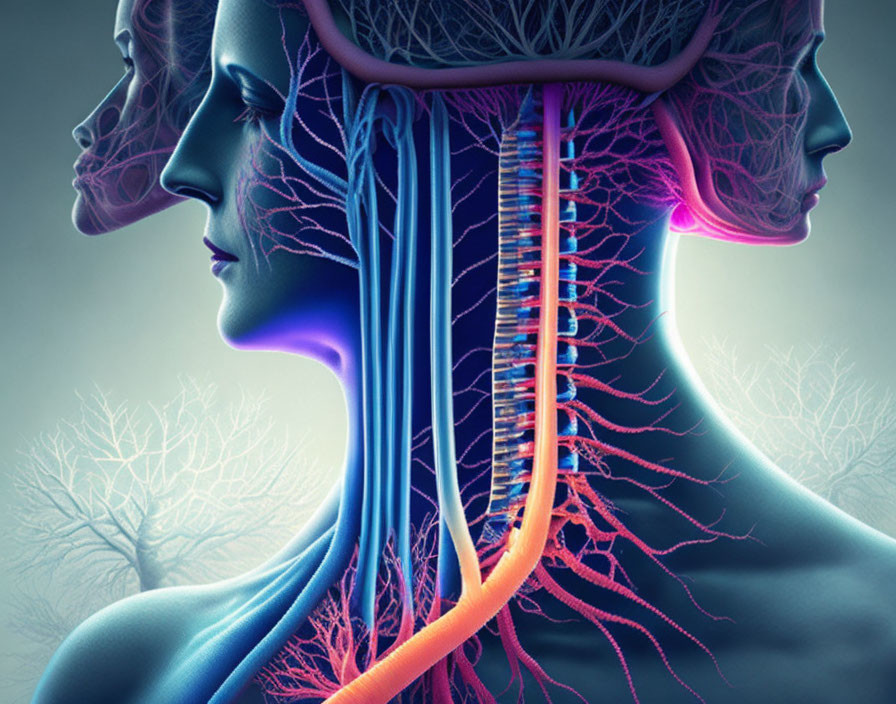 Detailed Human Profile Illustration with Highlighted Nervous System