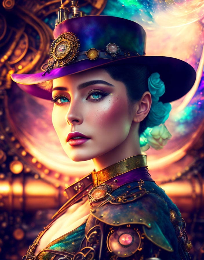 Steampunk woman with top hat in galactic setting