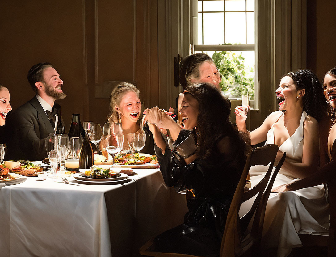 Elegantly dressed people at lively dinner party with wine and food