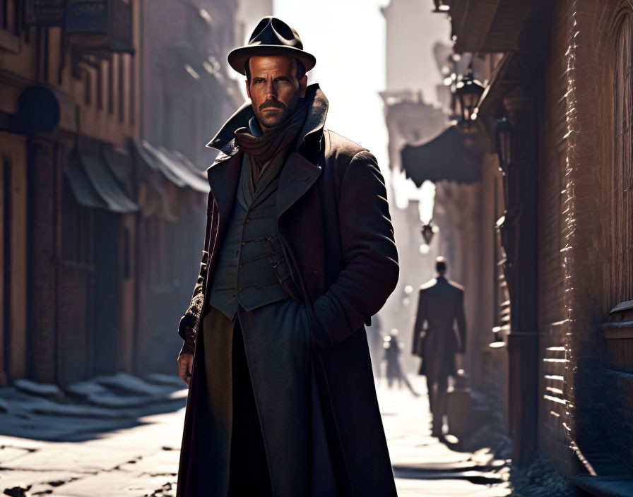 Man in coat and fedora in sunlit alleyway with mysterious vintage vibe.