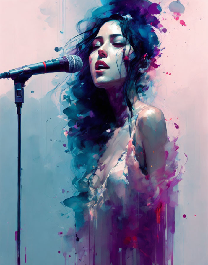 Vibrant watercolor image of a woman singing into a microphone