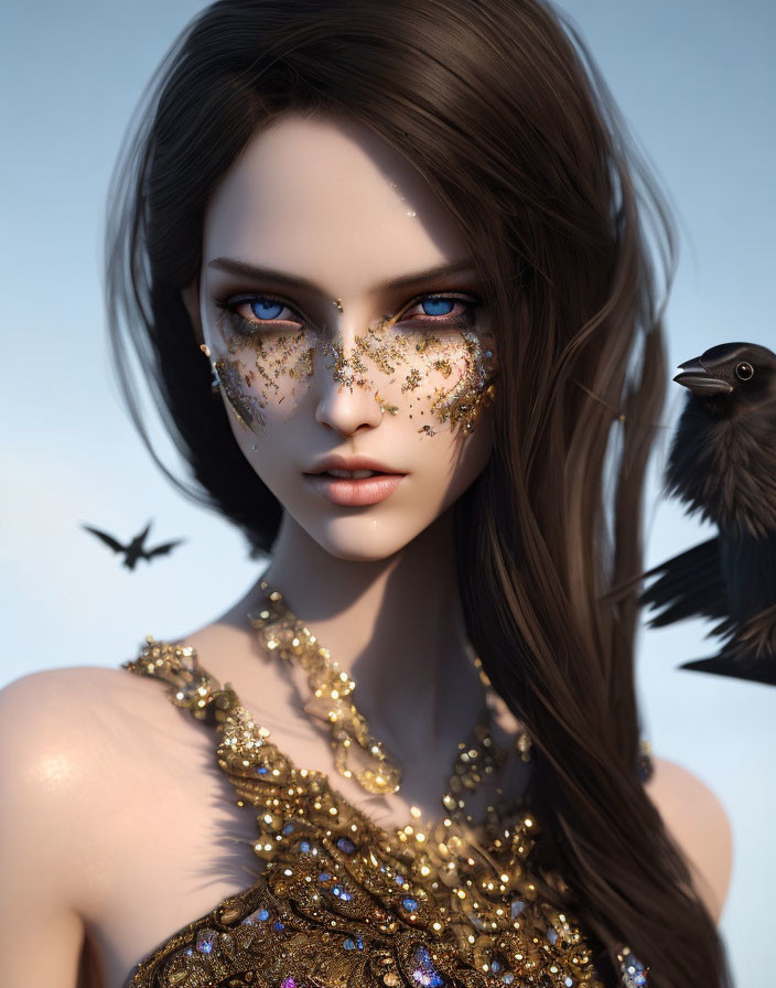 3D Rendered Image of Woman with Glitter Makeup and Raven