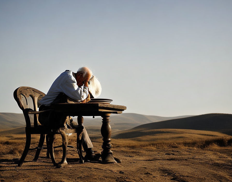 Elderly Man Resting Head Outdoors in Vast Landscape