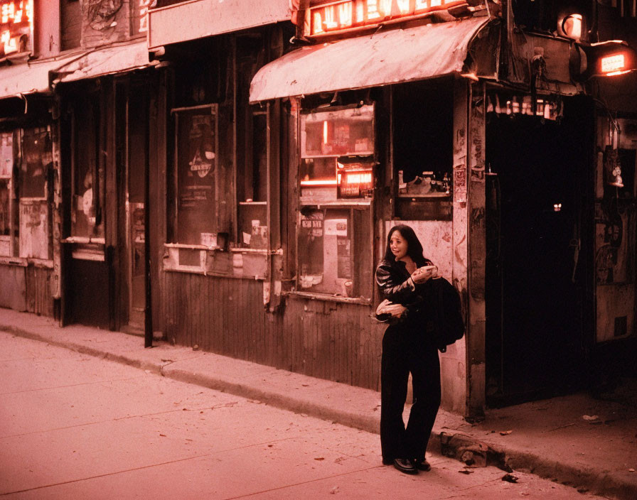 Woman standing on dusk street in front of old shops with neon signs, holding bag.