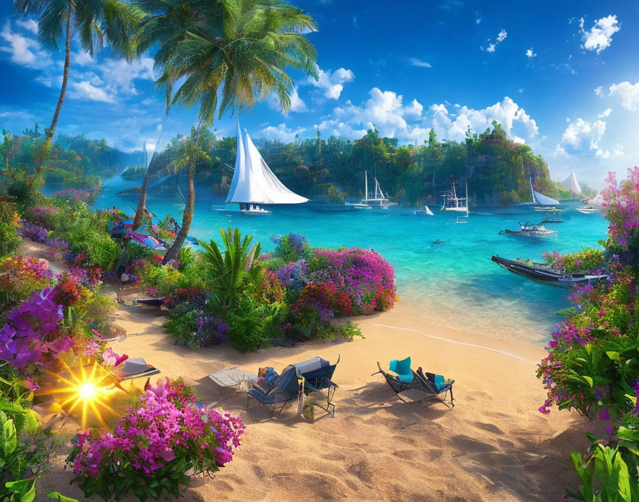 Colorful Tropical Beach Scene with Flowers, Palm Trees, and Sailboats