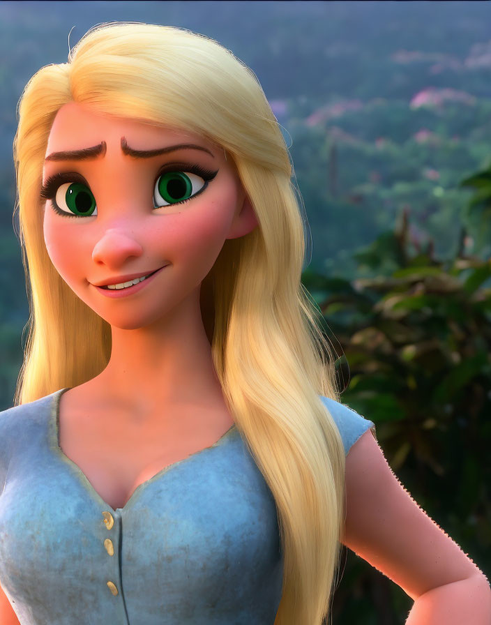 Blonde Female Character in Blue Dress with Green Eyes