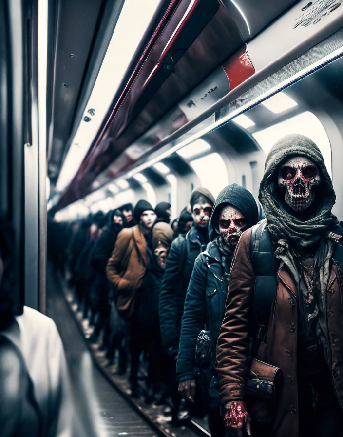 Subway passengers in crowded car, one face edited to look like a skull